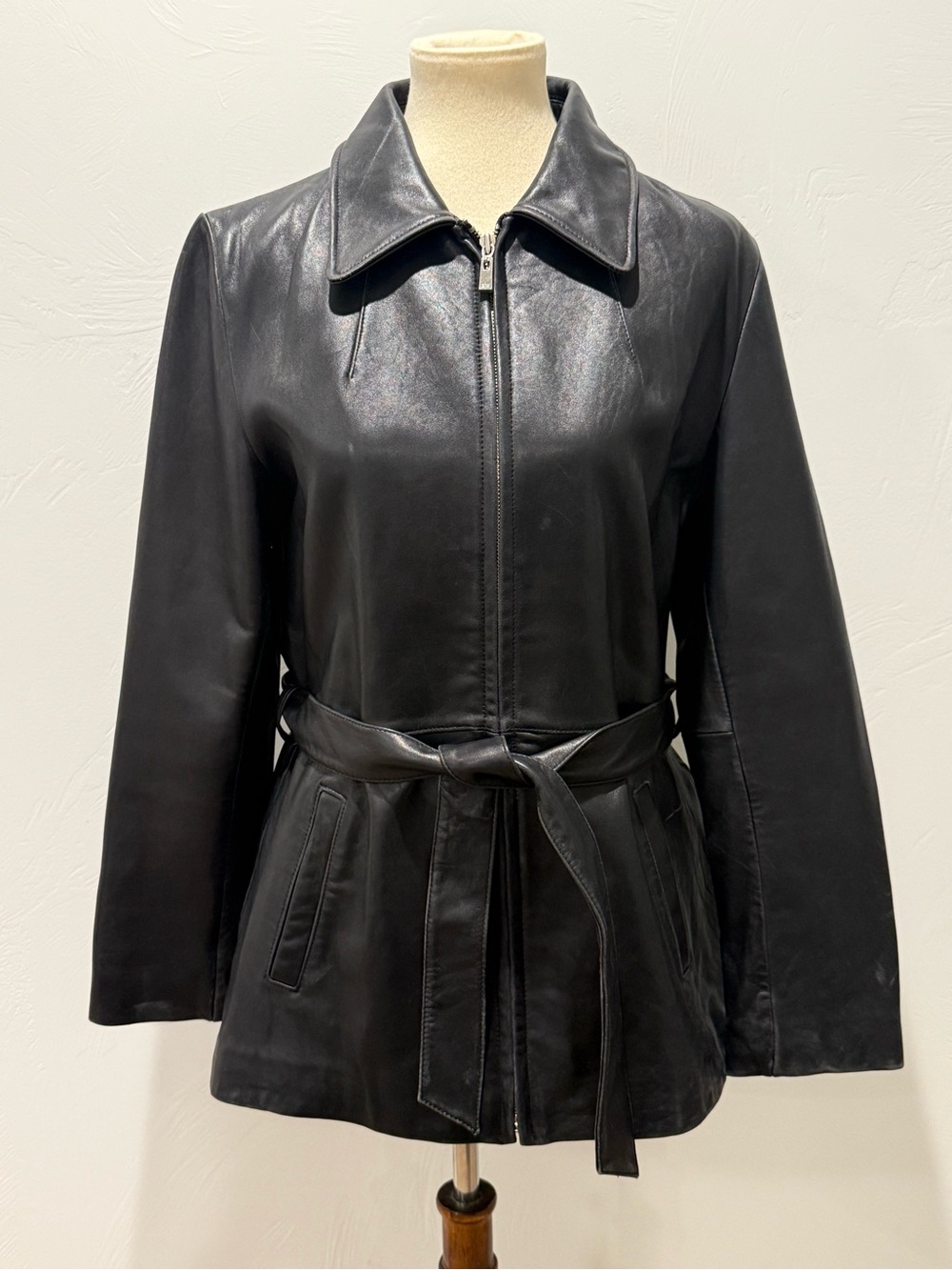 Vintage Nine West Classic Black Leather Zip-Belt Jacket